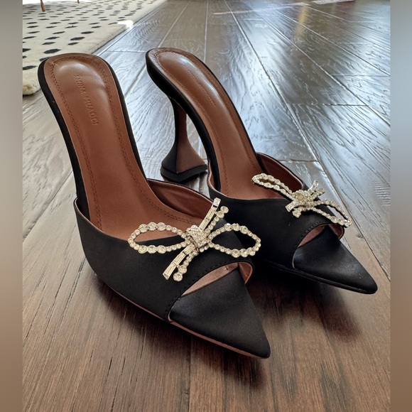 Amina Muaddi Rosie Embellished Bow Satin Pedestal Sandals - Picture 5 of 10